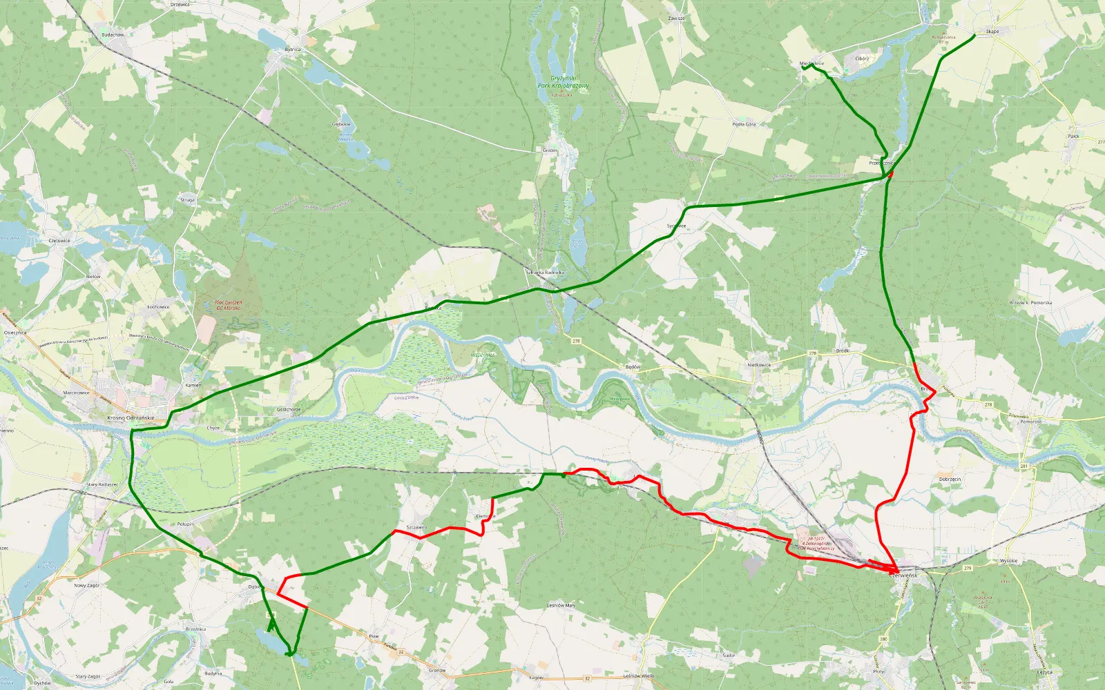 Map of Międzylesie - Skąpe - 43.8 km offroad trail, Zielona Góra County