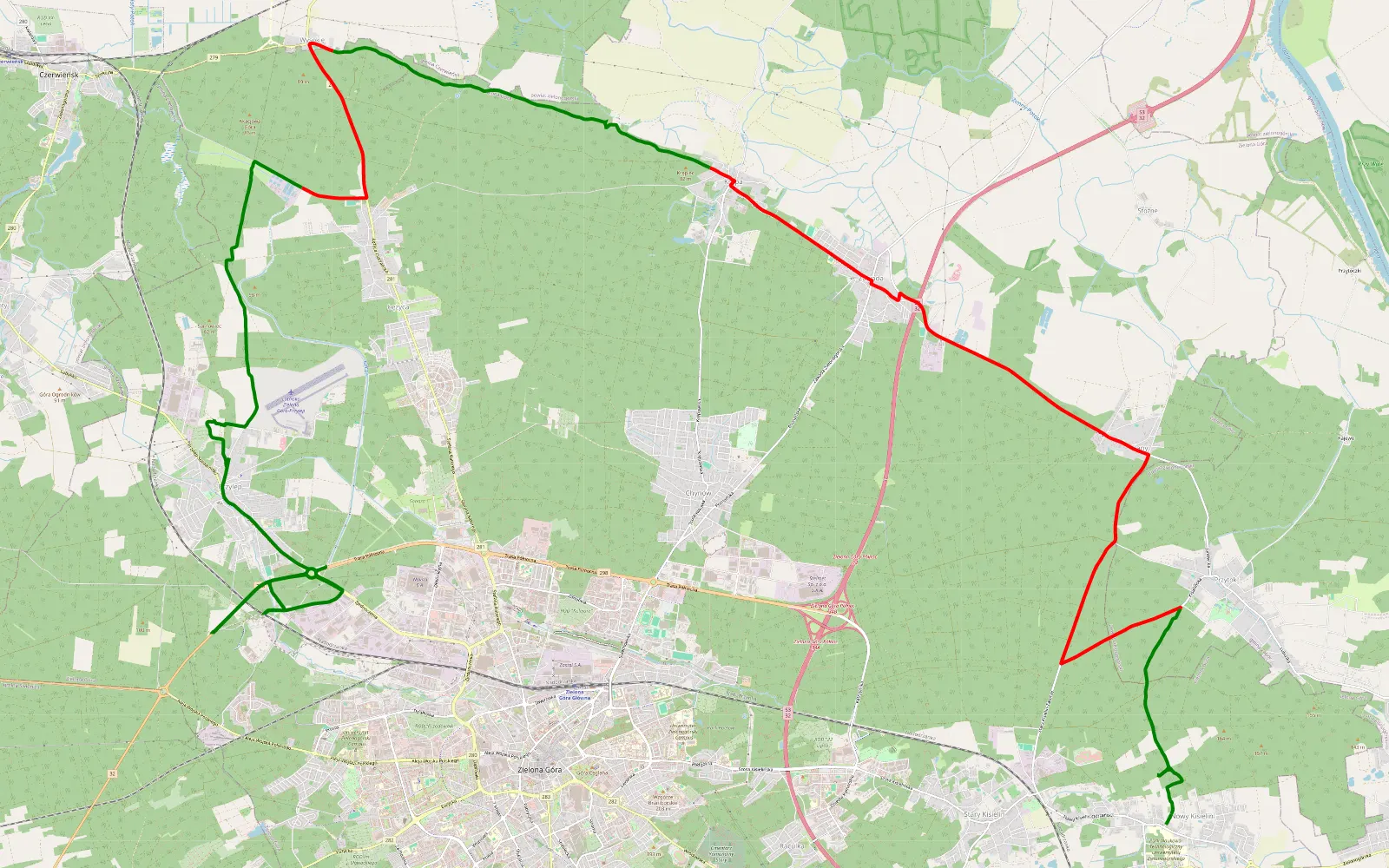 Mapa trasy Przylep - Stary Kisielin - 27.3 km trasy offroad, Zielona Góra