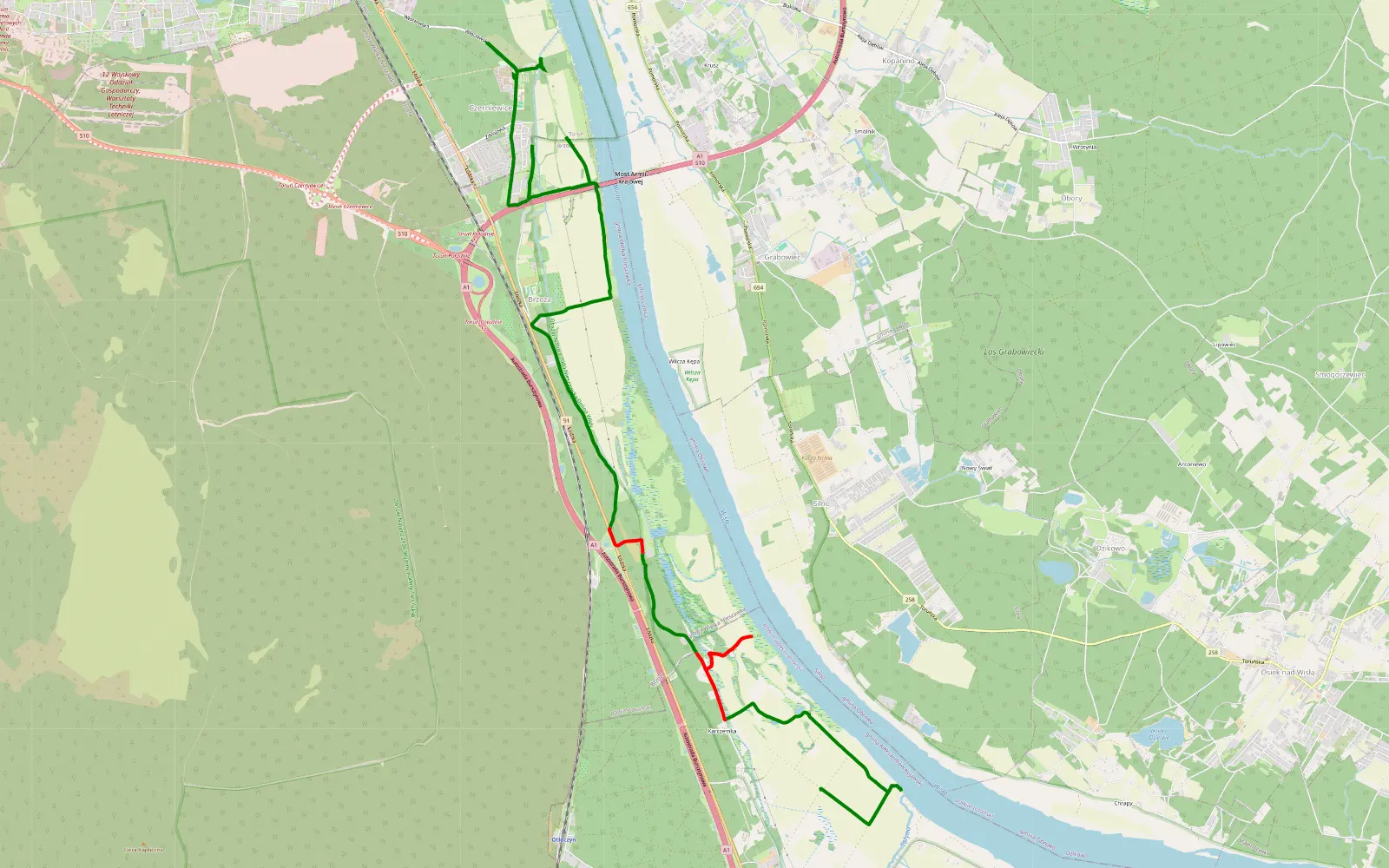 Mapa trasy Otłoczyn - Czerniewice - 15.3 km trasy offroad, Powiat Toruński