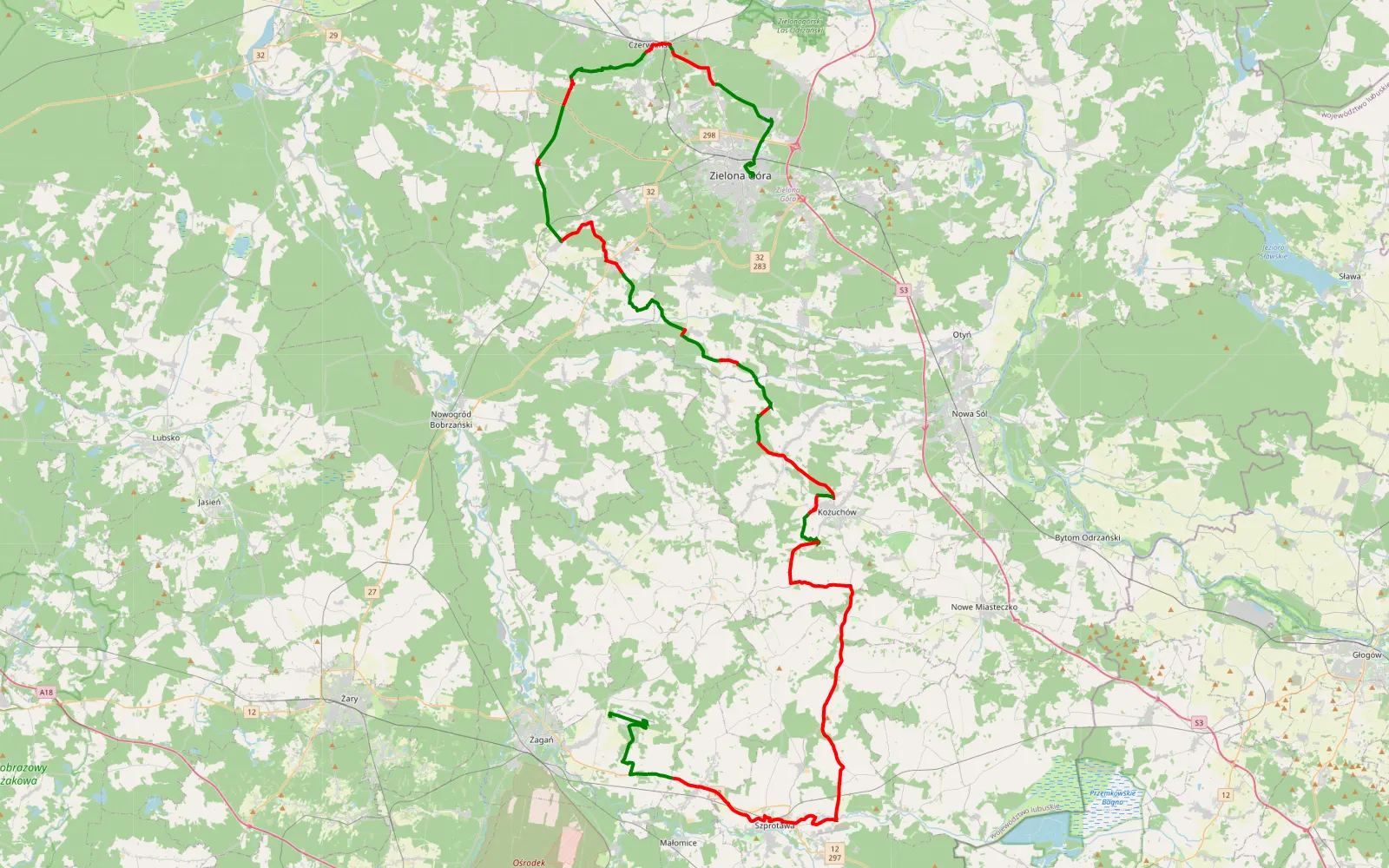 Mapa trasy Tysiąclecia - Tomaszowo - 104.2 km trasy offroad, Powiat Zielonogórski