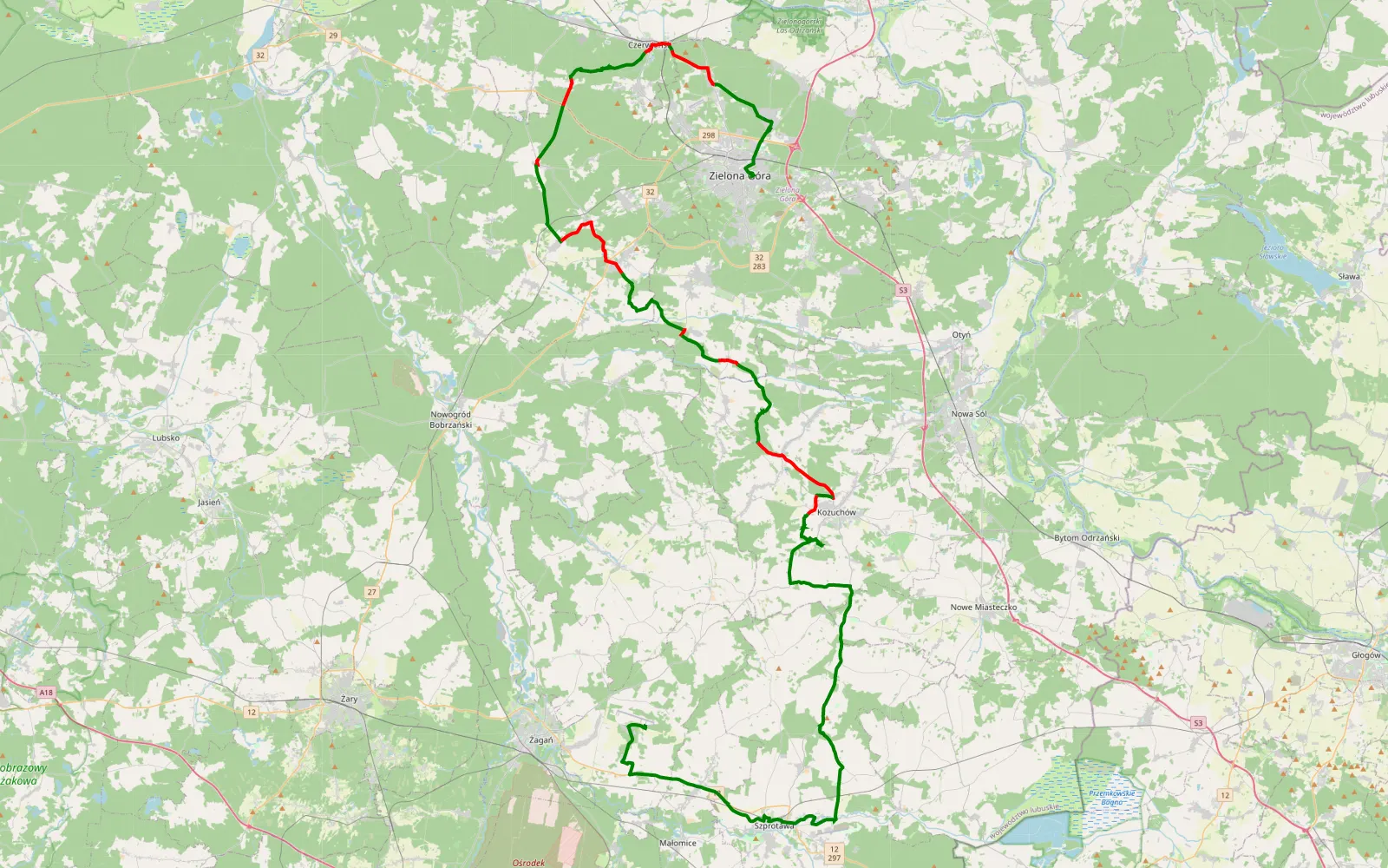 Mapa trasy Tysiąclecia - Tomaszowo - 66.5 km trasy offroad, Powiat Zielonogórski