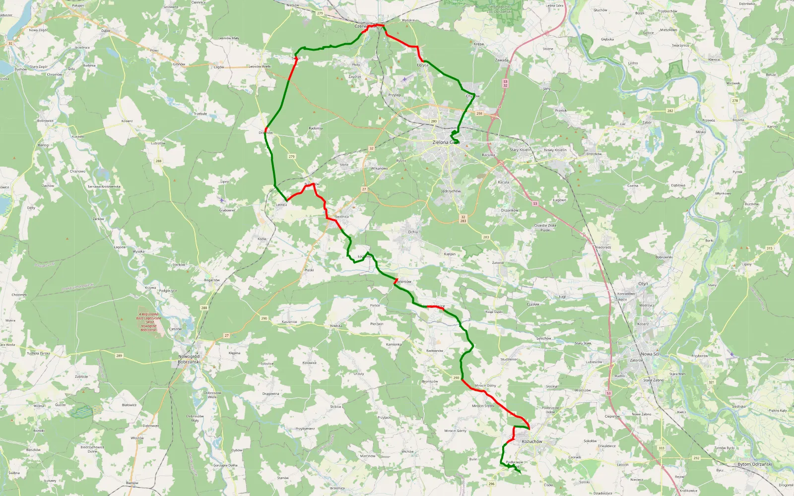 Mapa trasy Tysiąclecia - Dybów - 66.7 km trasy offroad, Powiat Zielonogórski