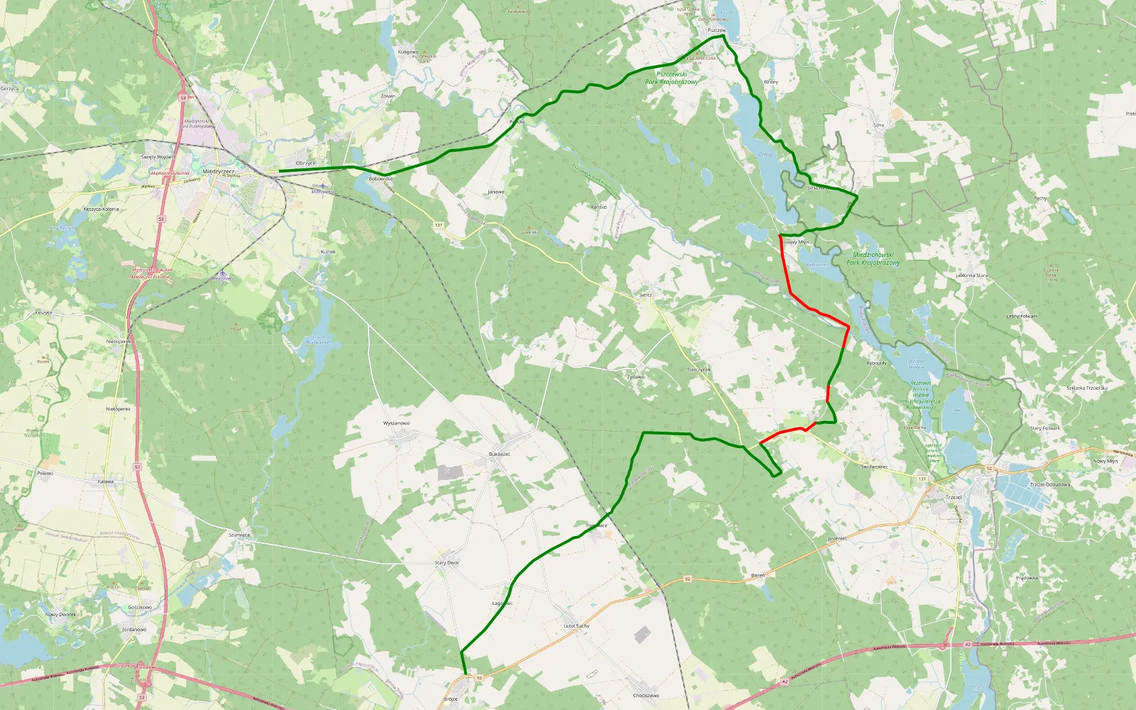Map of Brójce - Obrzyce - 23.6 km offroad trail, Międzyrzecz County
