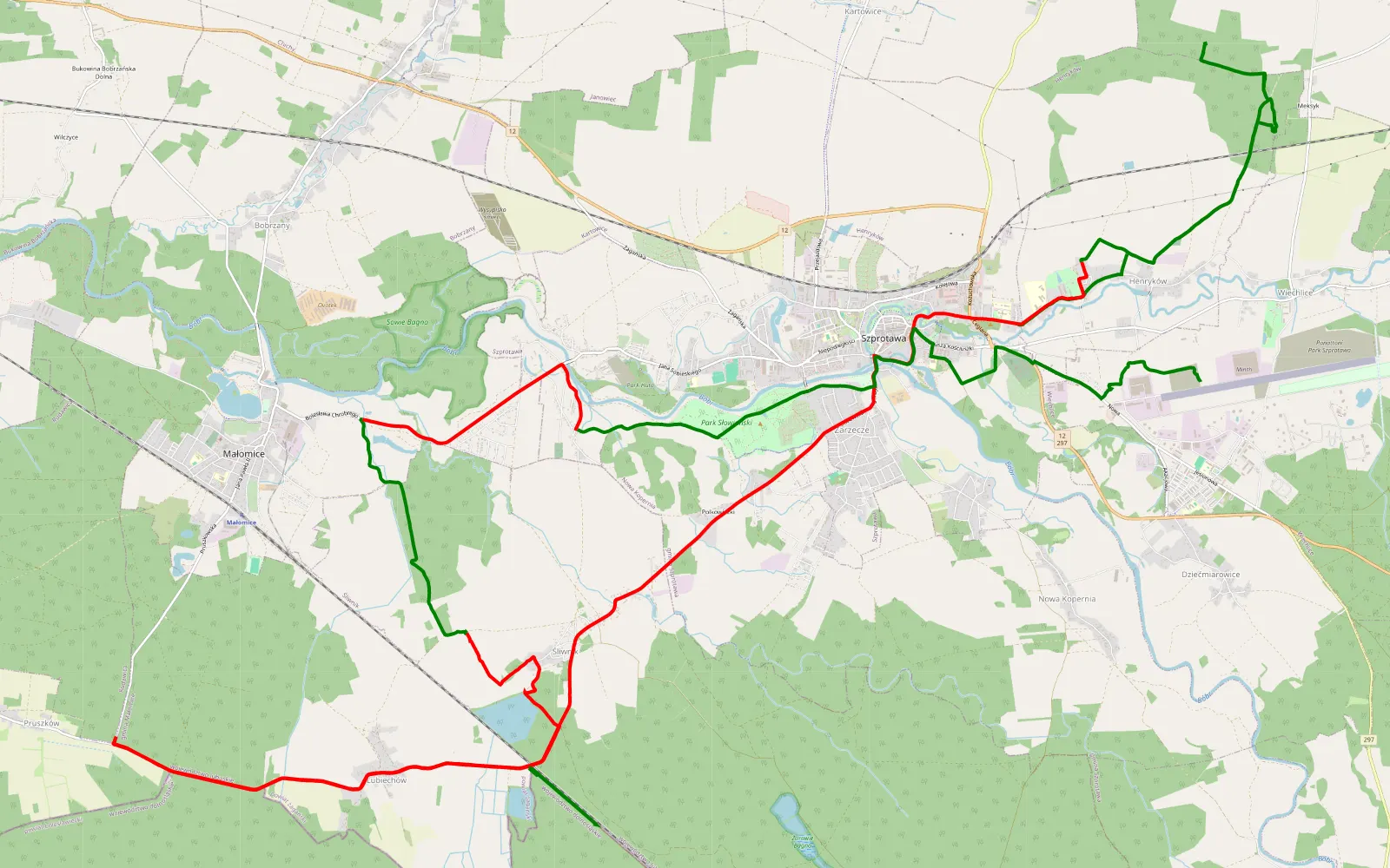 Map of Szprotawa - Wiechlice - 37.2 km offroad trail, Żagań County