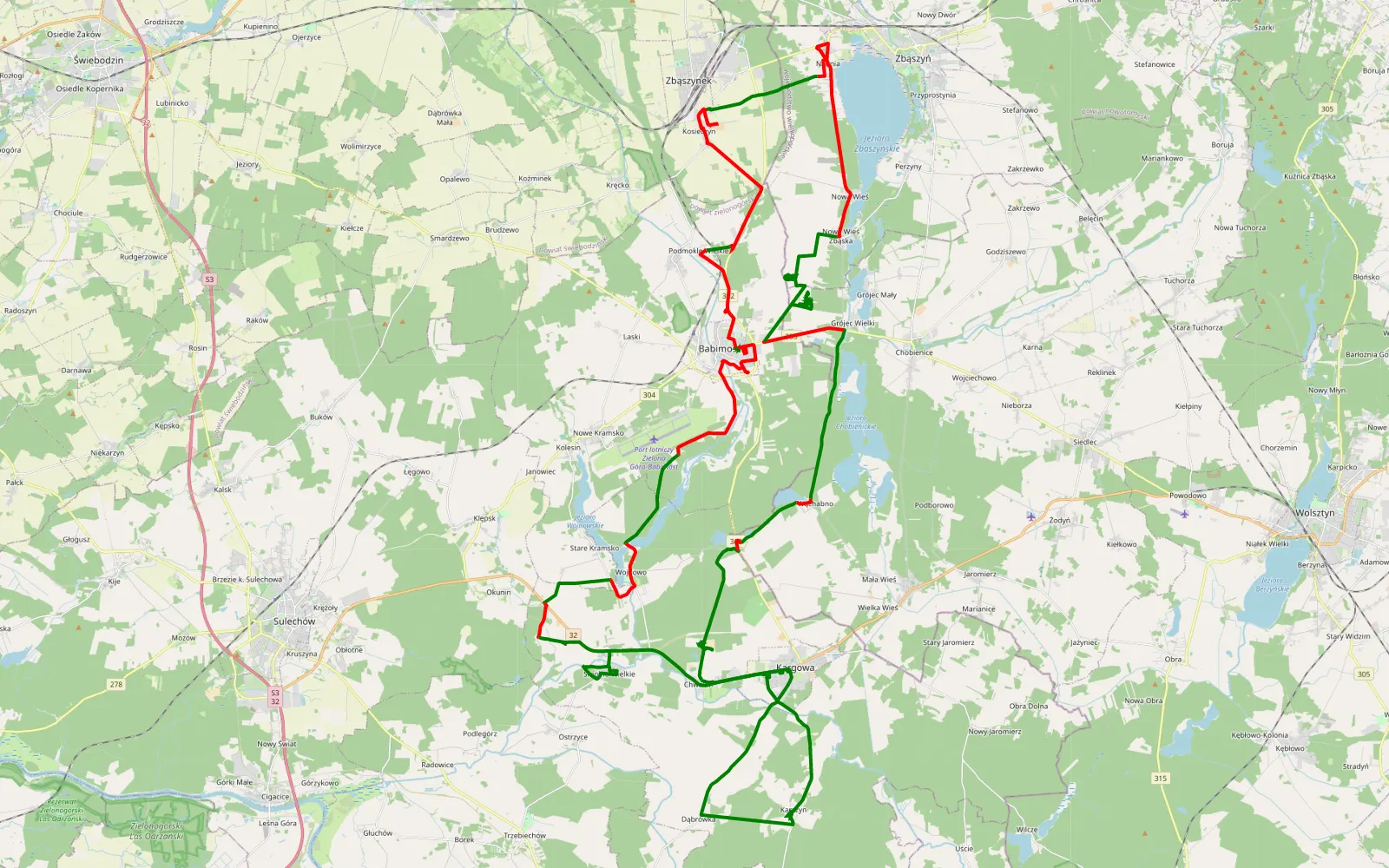 Mapa trasy Karszyn - 75.4 km trasy offroad, Powiat Zielonogórski