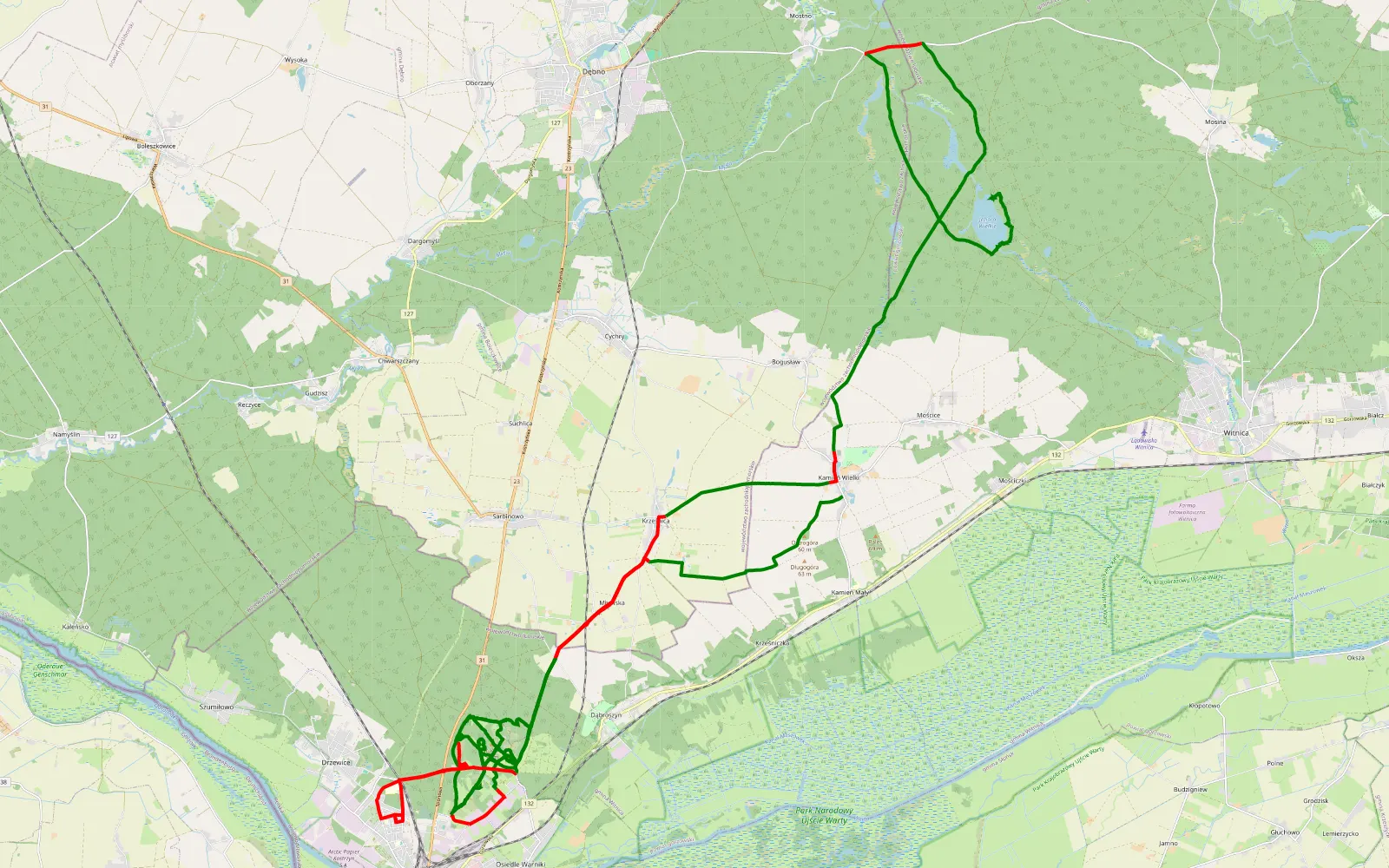 Map of Kamień Wielki - Mościce - 66.7 km offroad trail, Gorzów County