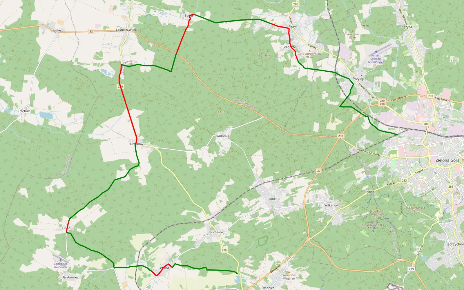Mapa trasy Świdnica - Zacisze - 29.2 km trasy offroad, Powiat Zielonogórski