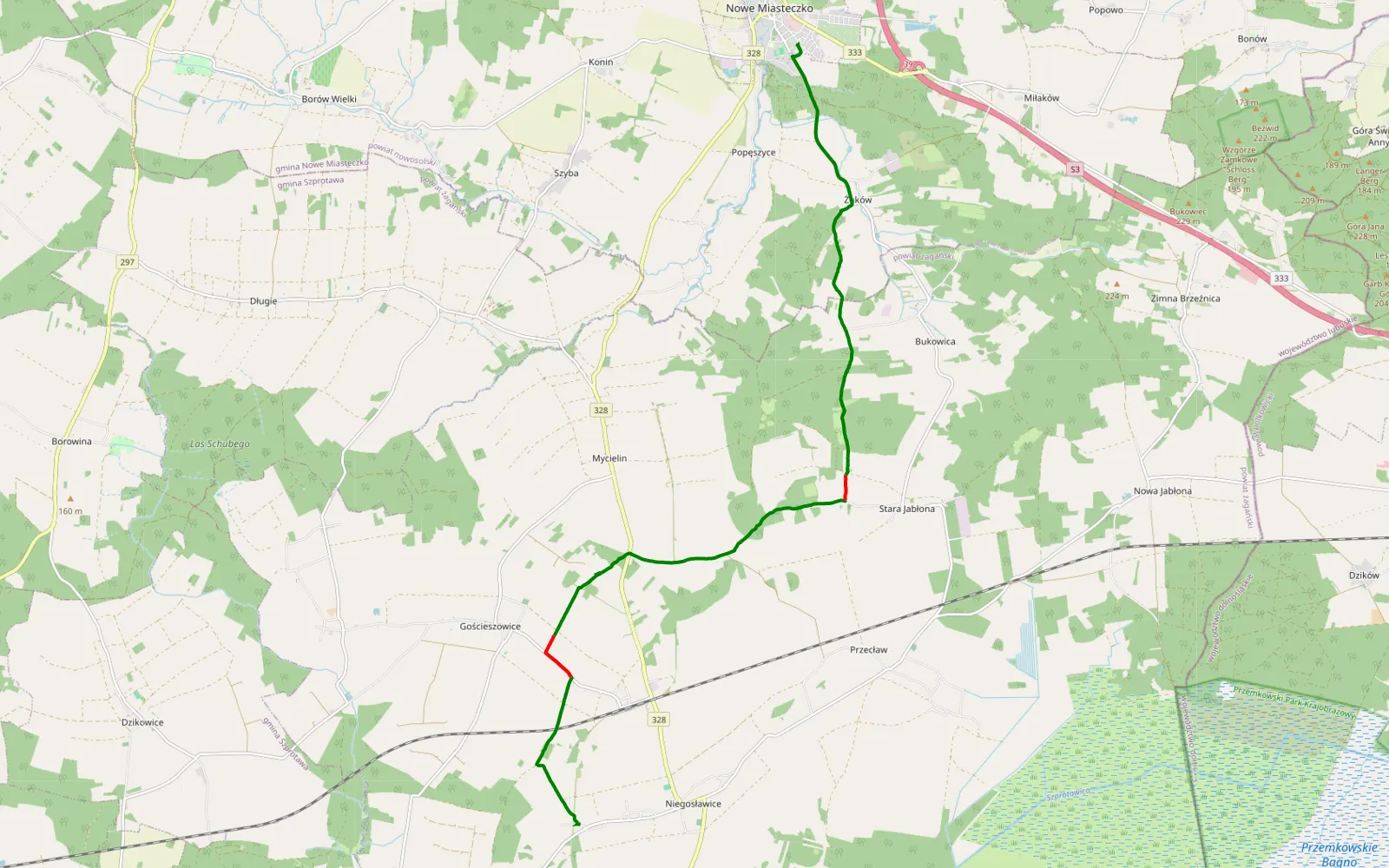 Mapa trasy Niegosławice - Nowe Miasteczko - 13.1 km trasy offroad, Powiat Żagański