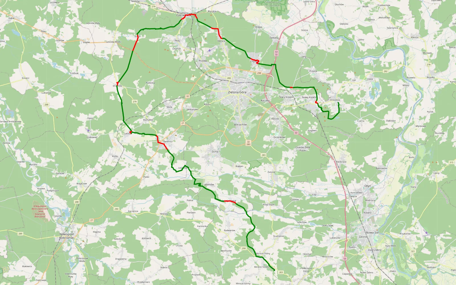Mapa trasy Mirocin Średni - Droszków - 70 km trasy offroad, Powiat Zielonogórski