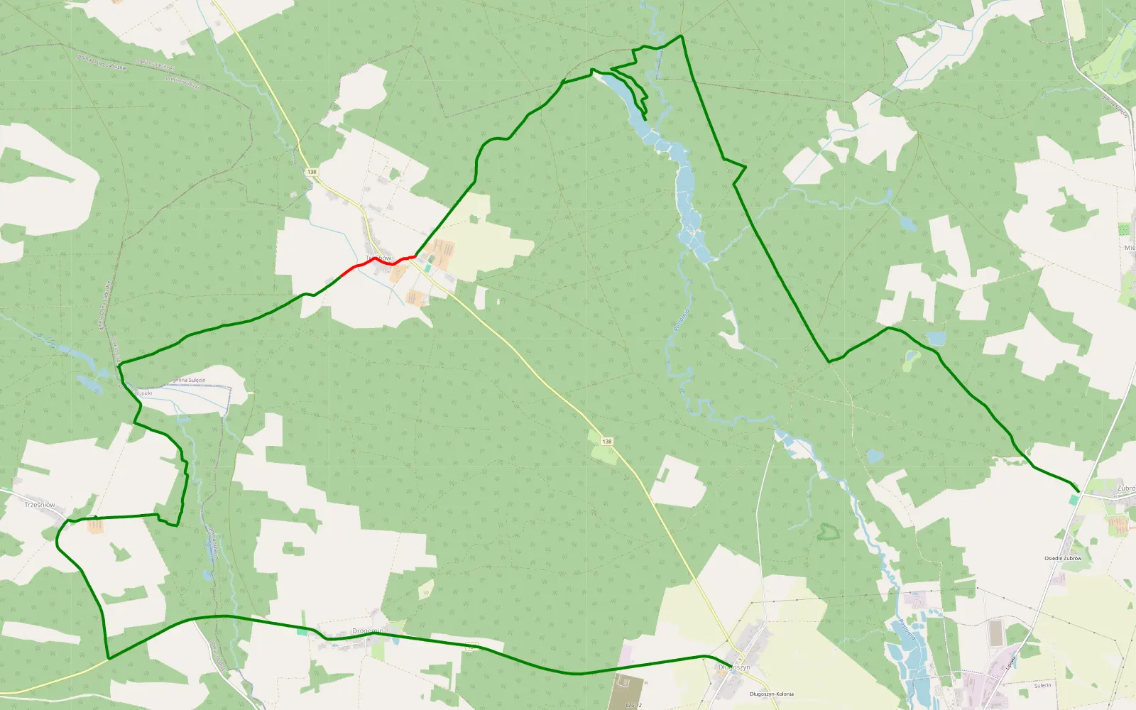 Map of Długoszyn - Żubrów - 21.3 km offroad trail, Sulęcin County