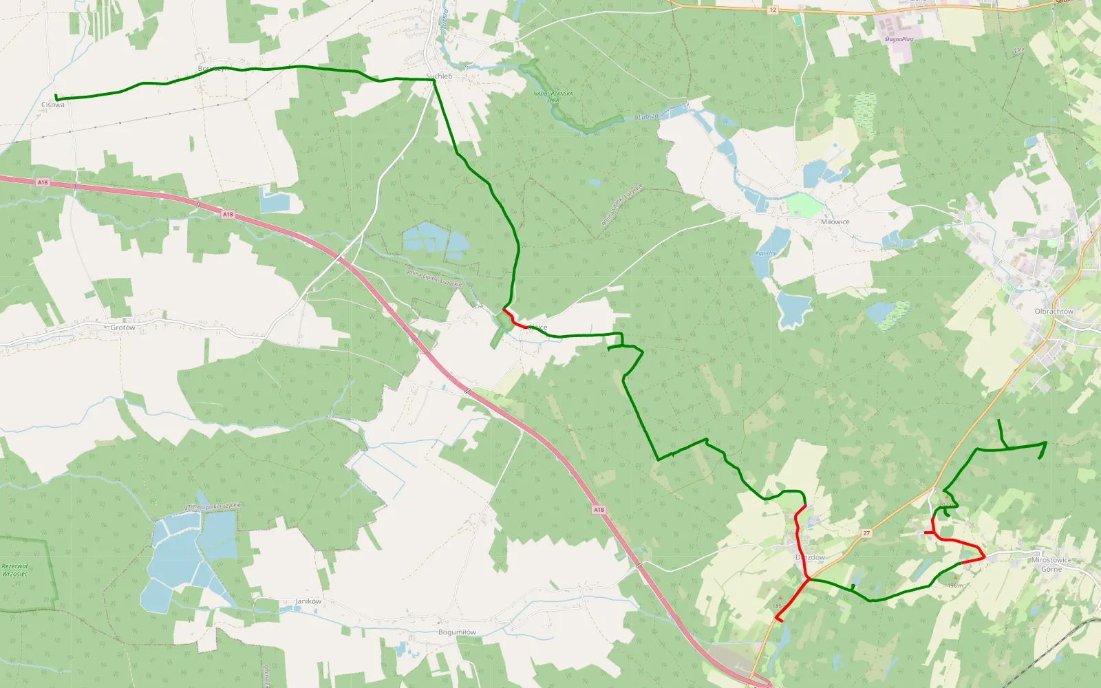 Map of Olbrachtow - Drozdów - 18.9 km offroad trail, Żary County
