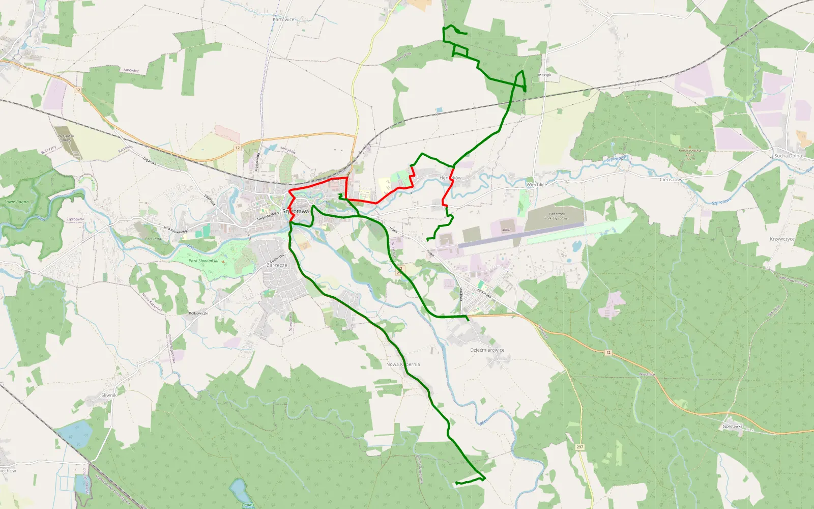 Mapa trasy Dziećmiarowice - Szprotawa - 24.4 km trasy offroad, Powiat Żagański