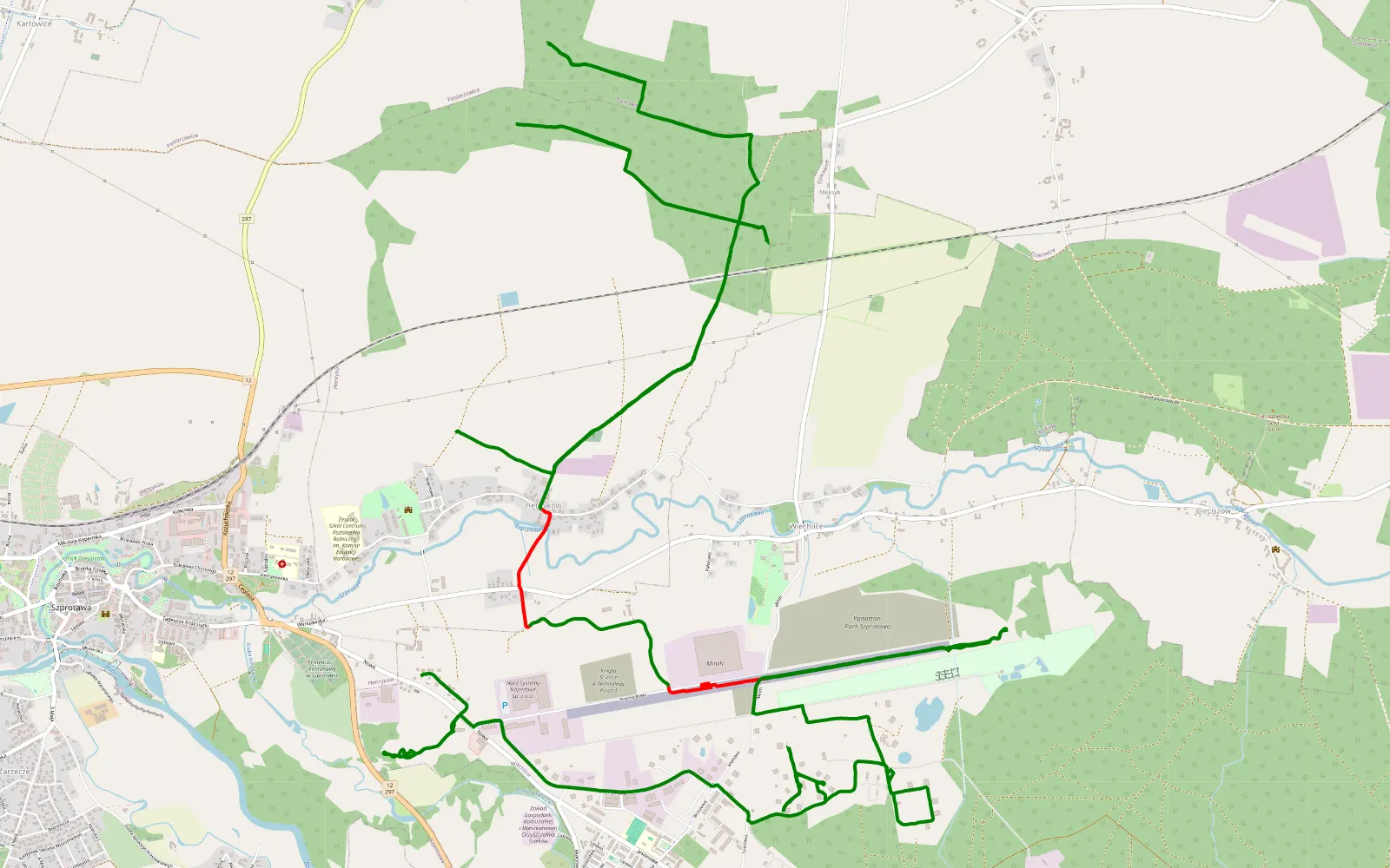 Mapa trasy Wiechlice - Szprotawa - 21.6 km trasy offroad, Powiat Żagański