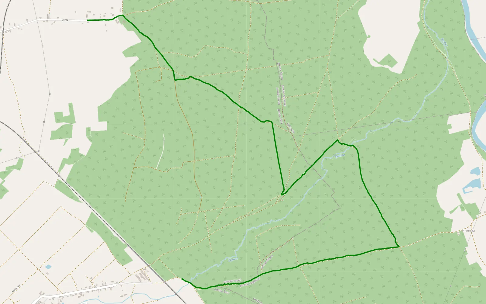 Map of Złotnik - Bieniów Górny - 7.5 km offroad trail, Żary County