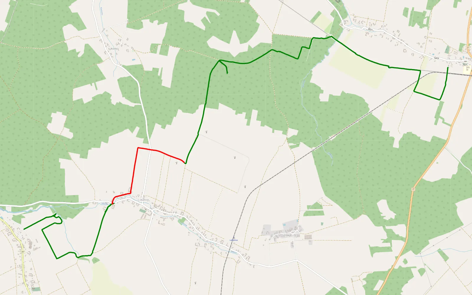 Mapa trasy Drożków - Bieniów - 11.1 km trasy offroad, Powiat Żarski
