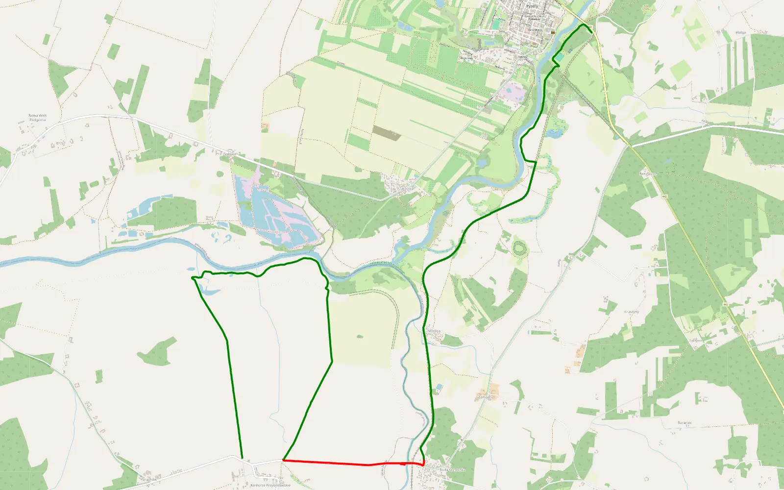 Mapa trasy Pyzdry - Komorze - 14.8 km trasy offroad, Powiat Jarociński