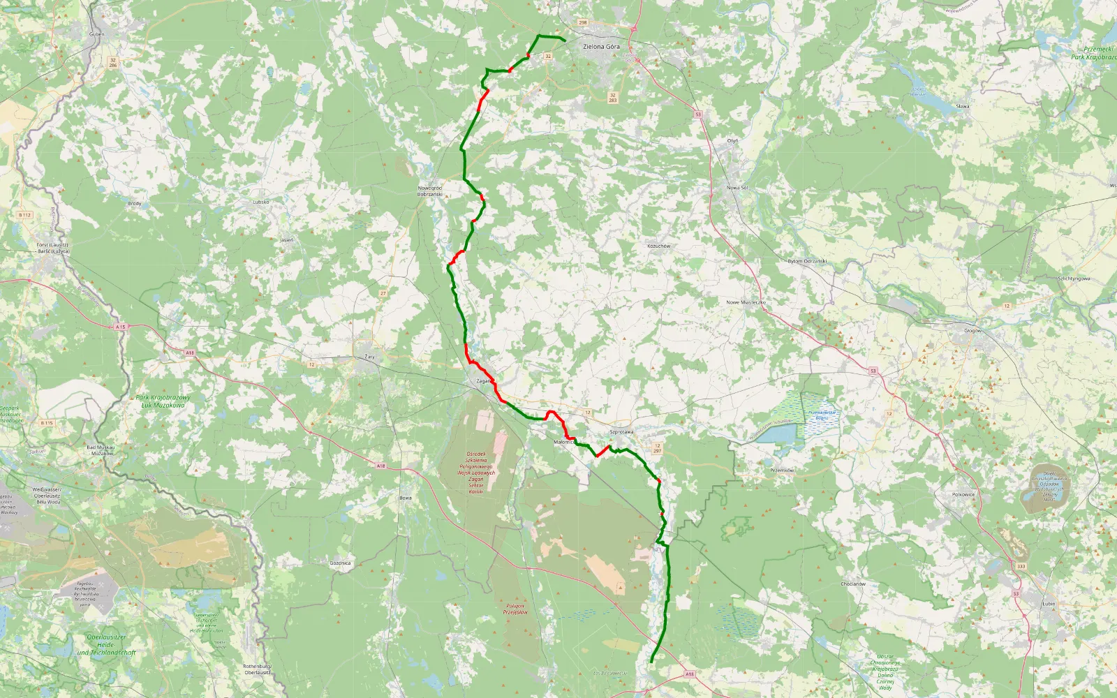 Mapa trasy Wałbrzych Cala trasa v1.2 - 91.9 km trasy offroad, Powiat Żagański