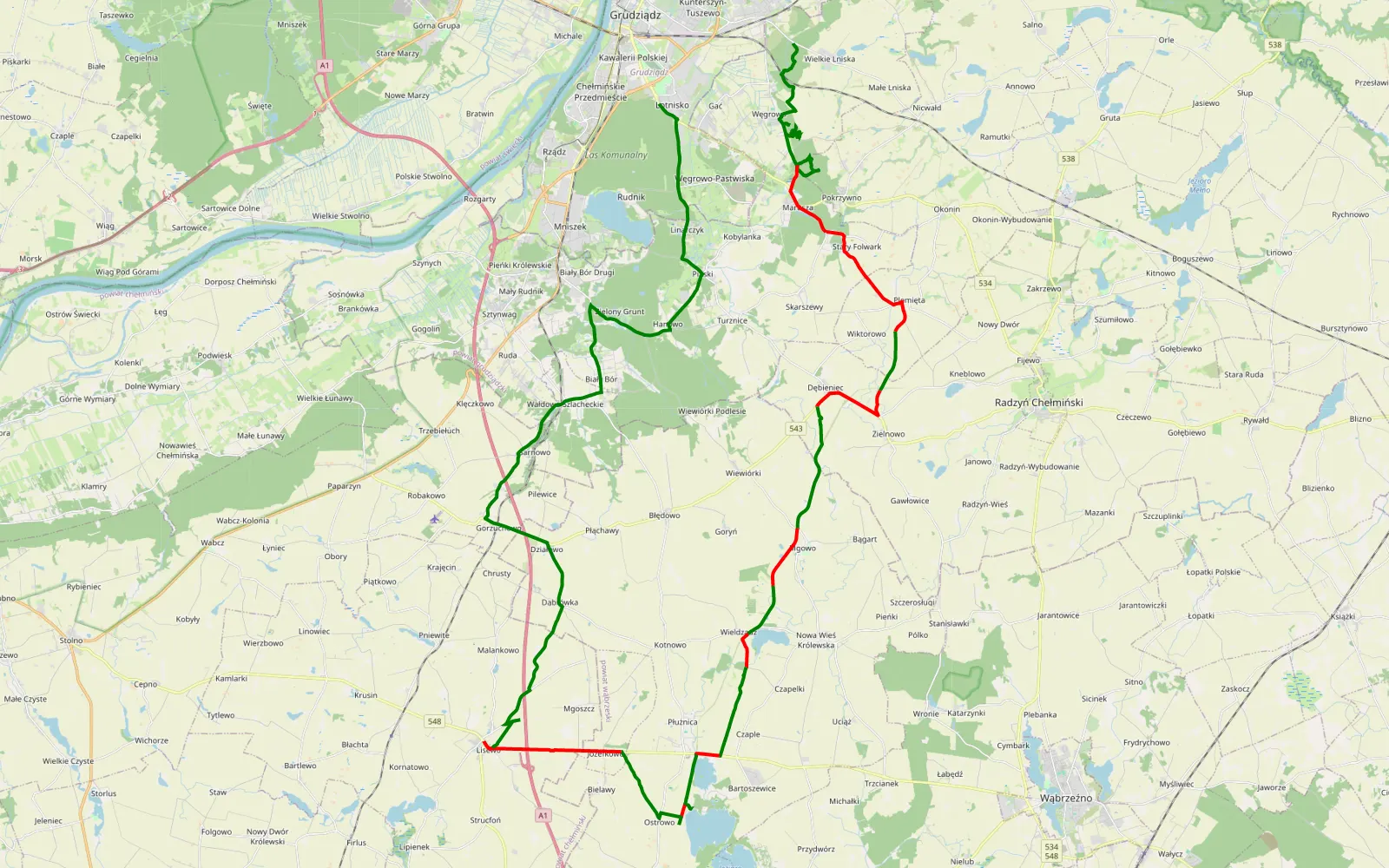 Map of Księża Góra - Gać - 47.1 km offroad trail, Grudziądz County