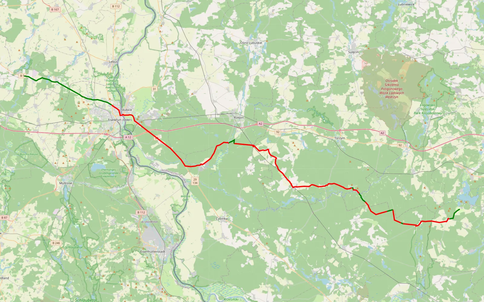 Map of Von Kalinowo nach Strausberg Nord — 92.4 km offroad trail, Słubice County