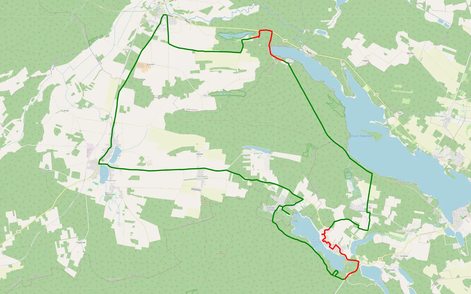 Map of okolice Sławy i Tarnawy - 21.6 km offroad trail, Wschowa County