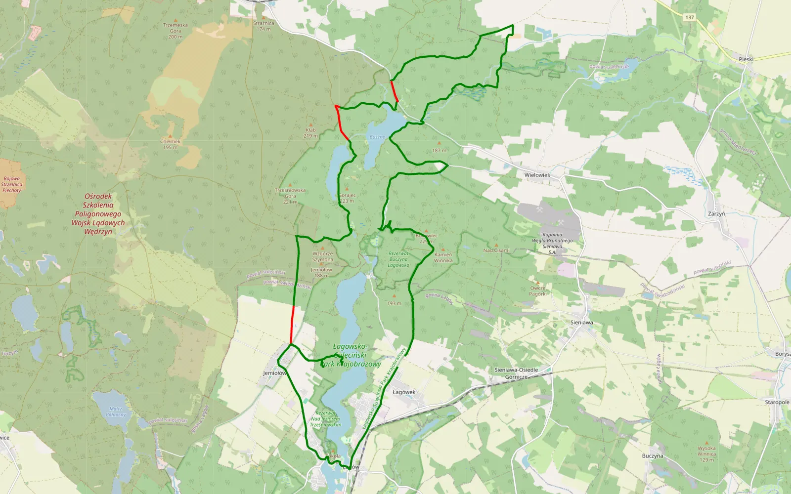 Mapa trasy Łagówek - 31.8 km trasy offroad, Powiat Sulęciński