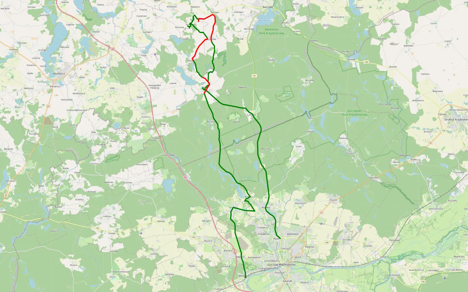 Map of Piaski - Wieprzyce - 32.7 km offroad trail, Myślibórz County