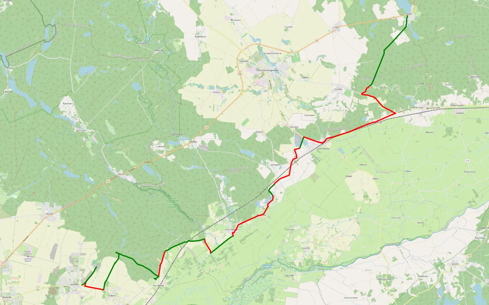 Map of Długie - Janczewo - 40.7 km offroad trail, Strzelce-Drezdenko County