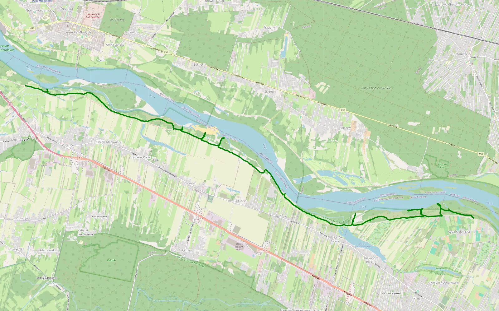 Mapa trasy Lewym brzegiem Wisły - 17.4 km trasy offroad, Powiat Nowodworski