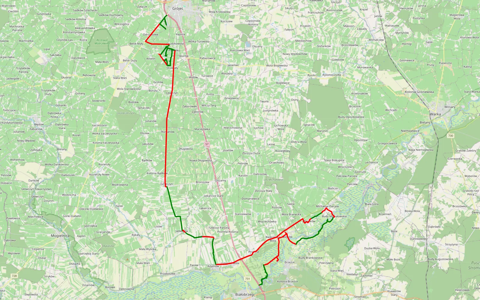 Mapa trasy Przez Piekiełko nad Pilicę - 64.9 km trasy offroad, Powiat Grójecki