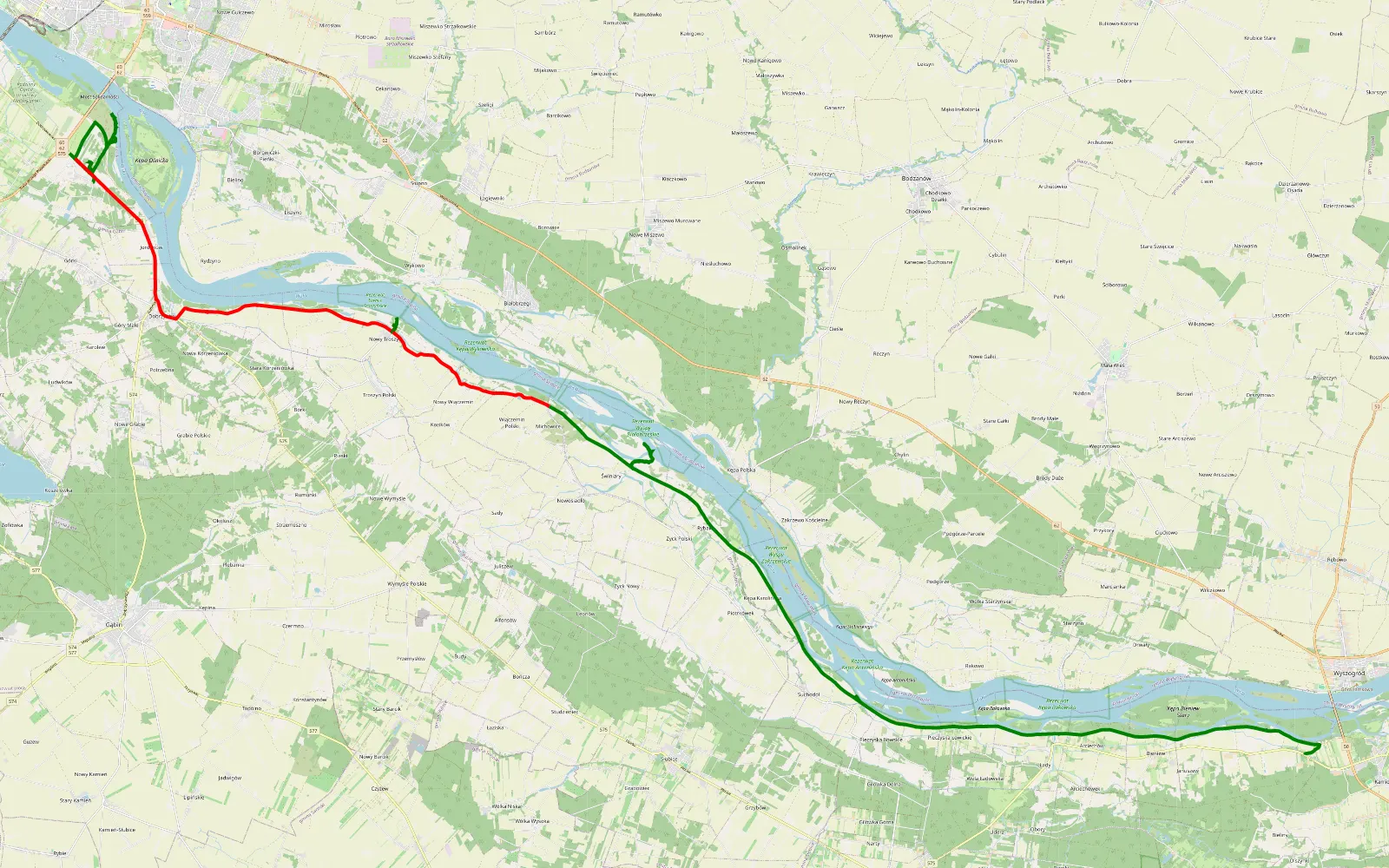 Mapa trasy Płock-Kampinos - 49 km trasy offroad, Powiat Płocki