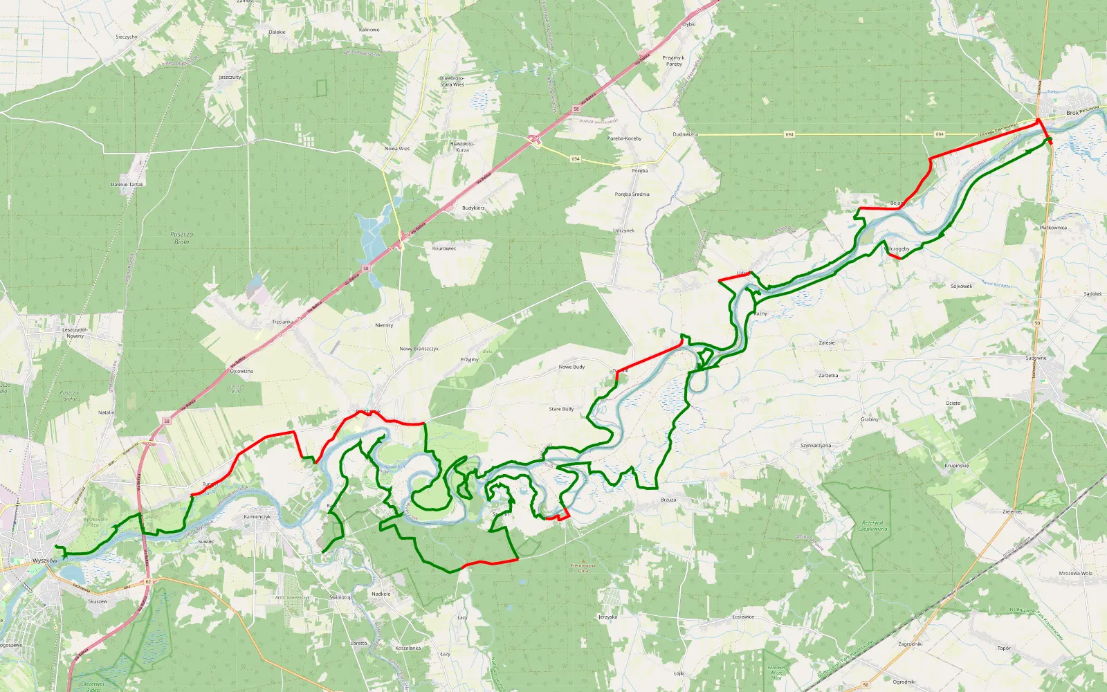 Mapa trasy Wyszków - Brok - Kamieńczyk - 94.4 km trasy offroad, Powiat Wyszkowski