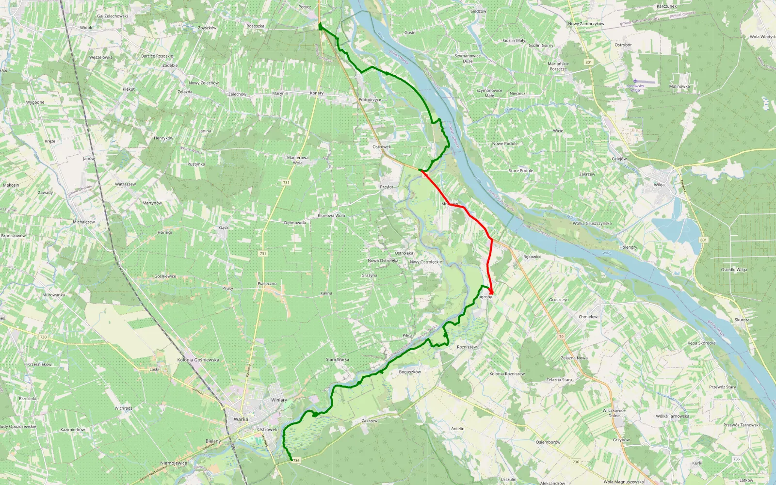 Map of Potycz - Warka - wzdłuż Pilicy - 3 super przejazdy przez wodę - 26.5 km offroad trail, Kozienice County