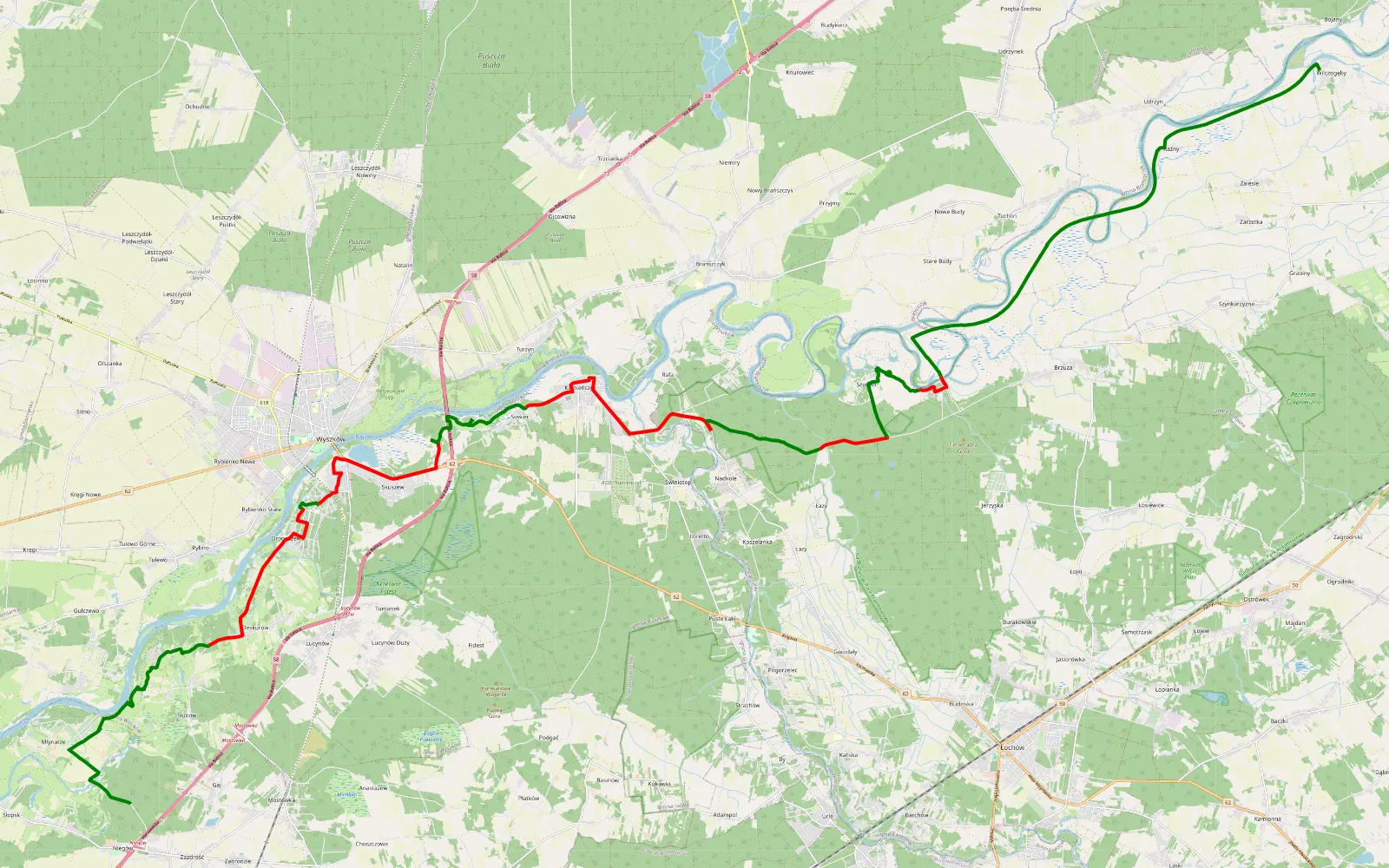 Mapa trasy Wzdłuż Bugu zamiast S8 - 45.6 km trasy offroad, Powiat Wyszkowski