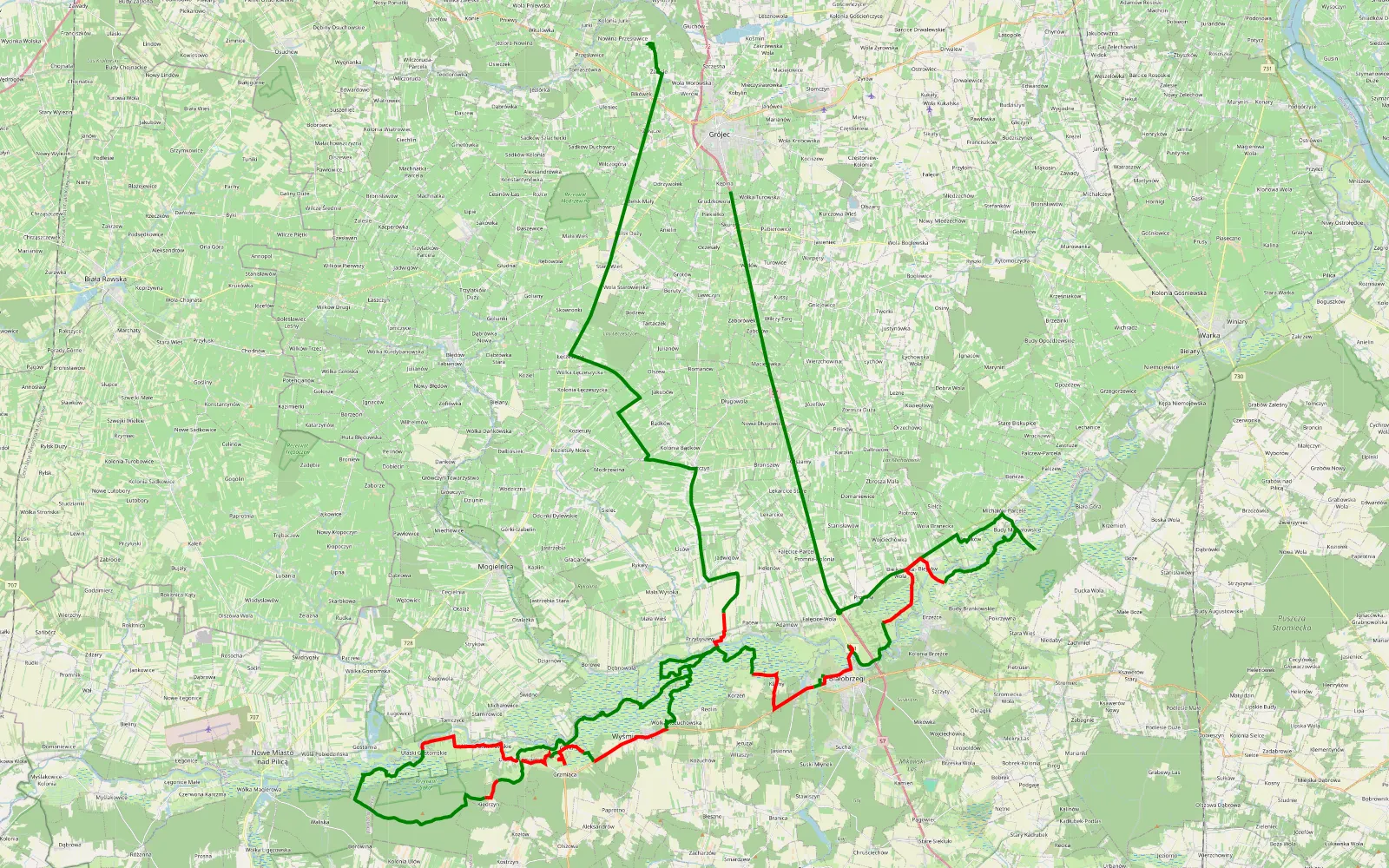 Mapa trasy Pilica turystycznie - 87 km trasy offroad, Powiat Białobrzeski