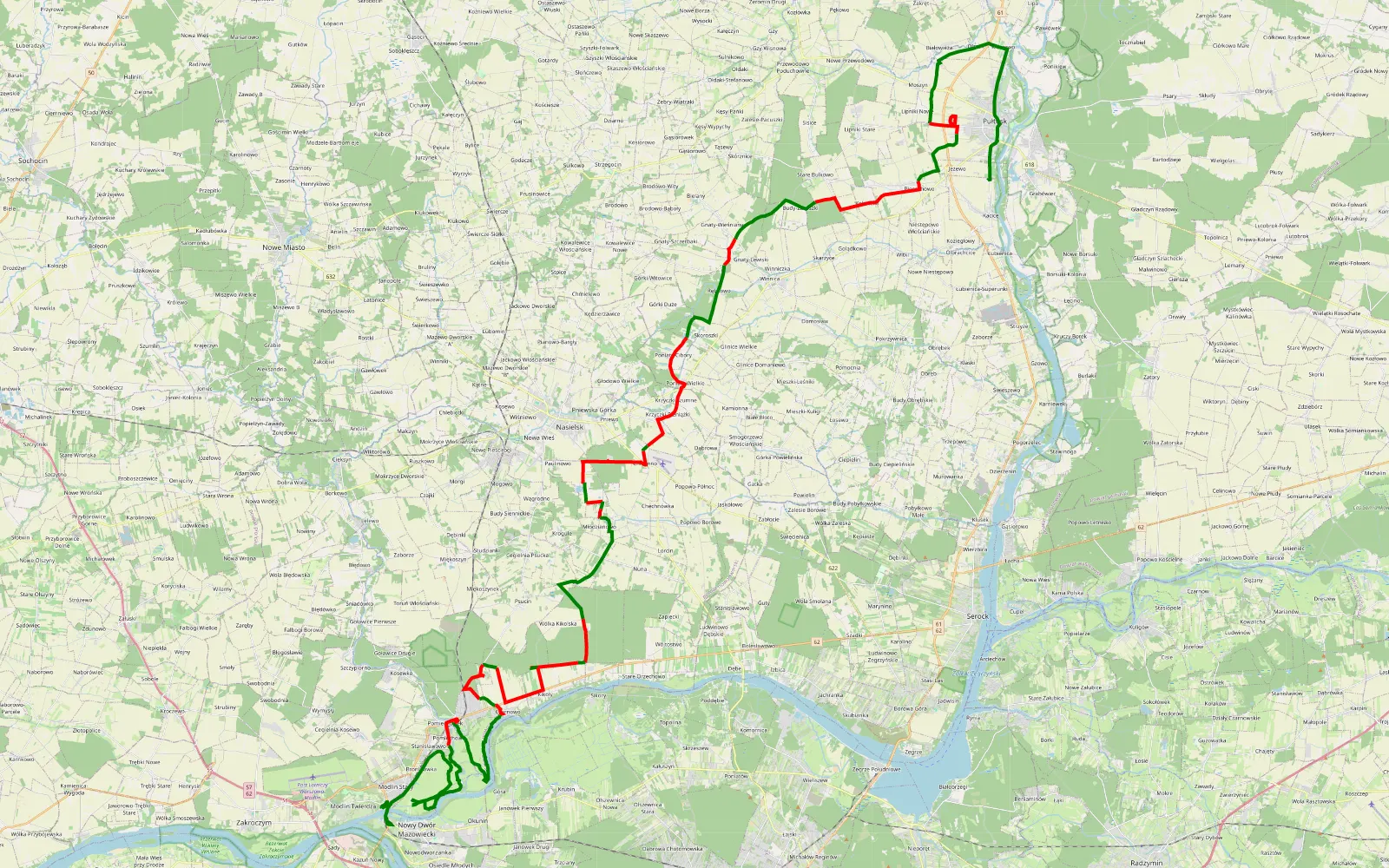 Mapa trasy LCAC, MAZOWSZE O2W, trasa nr6 Pułtusk-Modlin - 76.7 km trasy offroad, Powiat Nowodworski