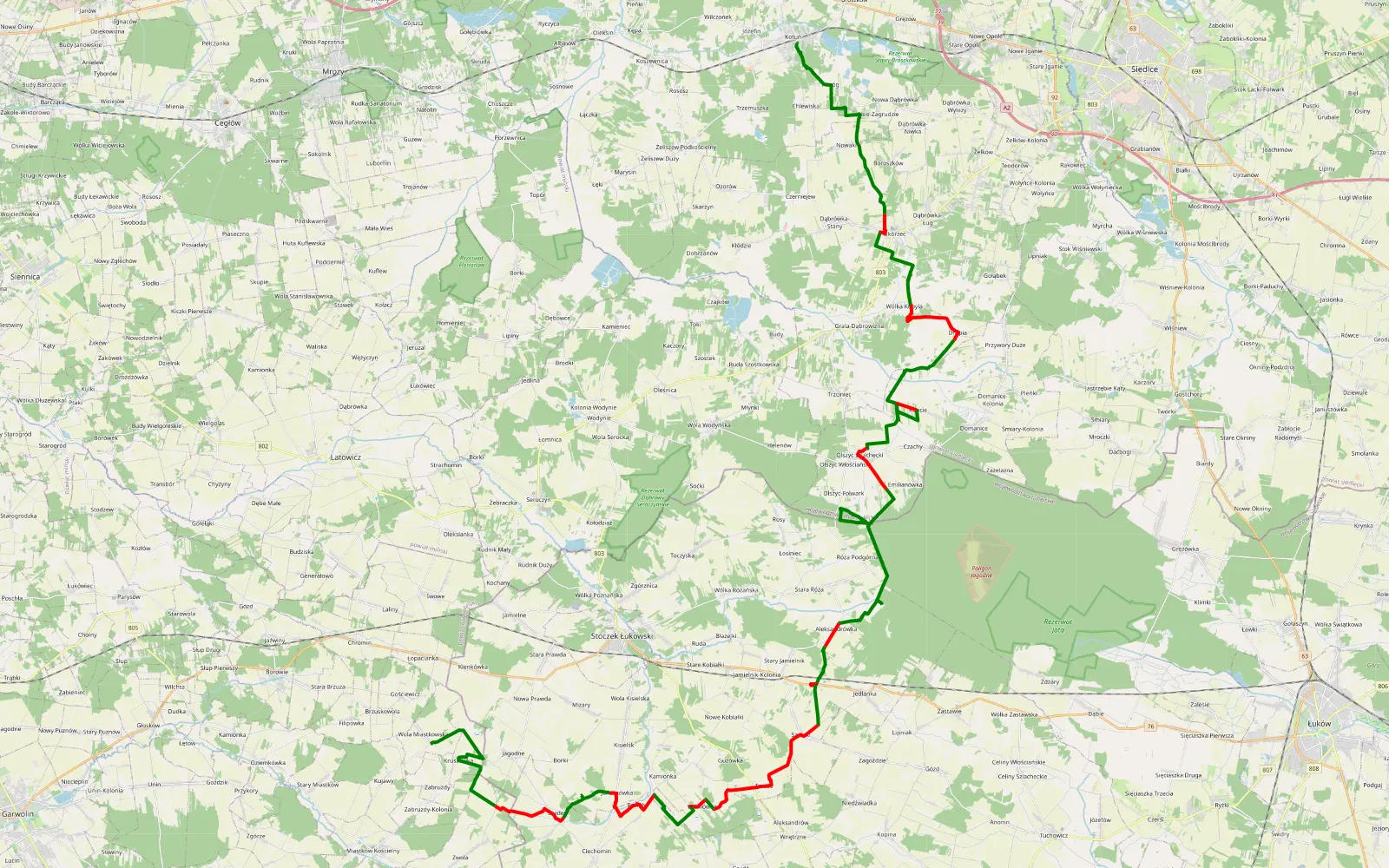 Map of Kotuń - Wola Miastkowska, SW 23 2/3 - 64.6 km offroad trail, Siedlce County