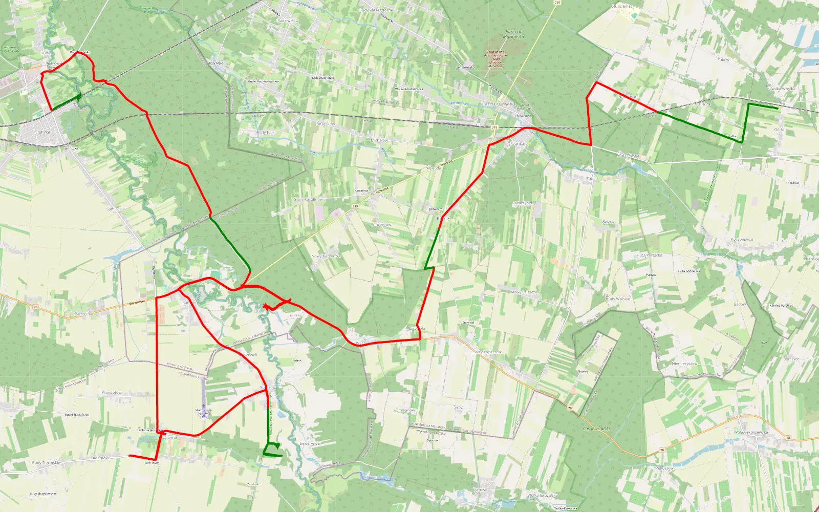 Mapa trasy Wzdłuż Rawki do Wodospadu pod torami - 46.1 km trasy offroad, Powiat Żyrardowski