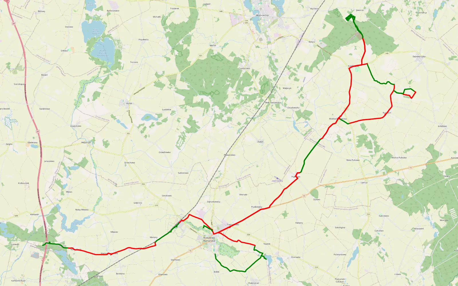 Mapa trasy Nowy Dwór - Kowalewo Pomorskie - 74.2 km trasy offroad, Powiat Golubsko-dobrzyński