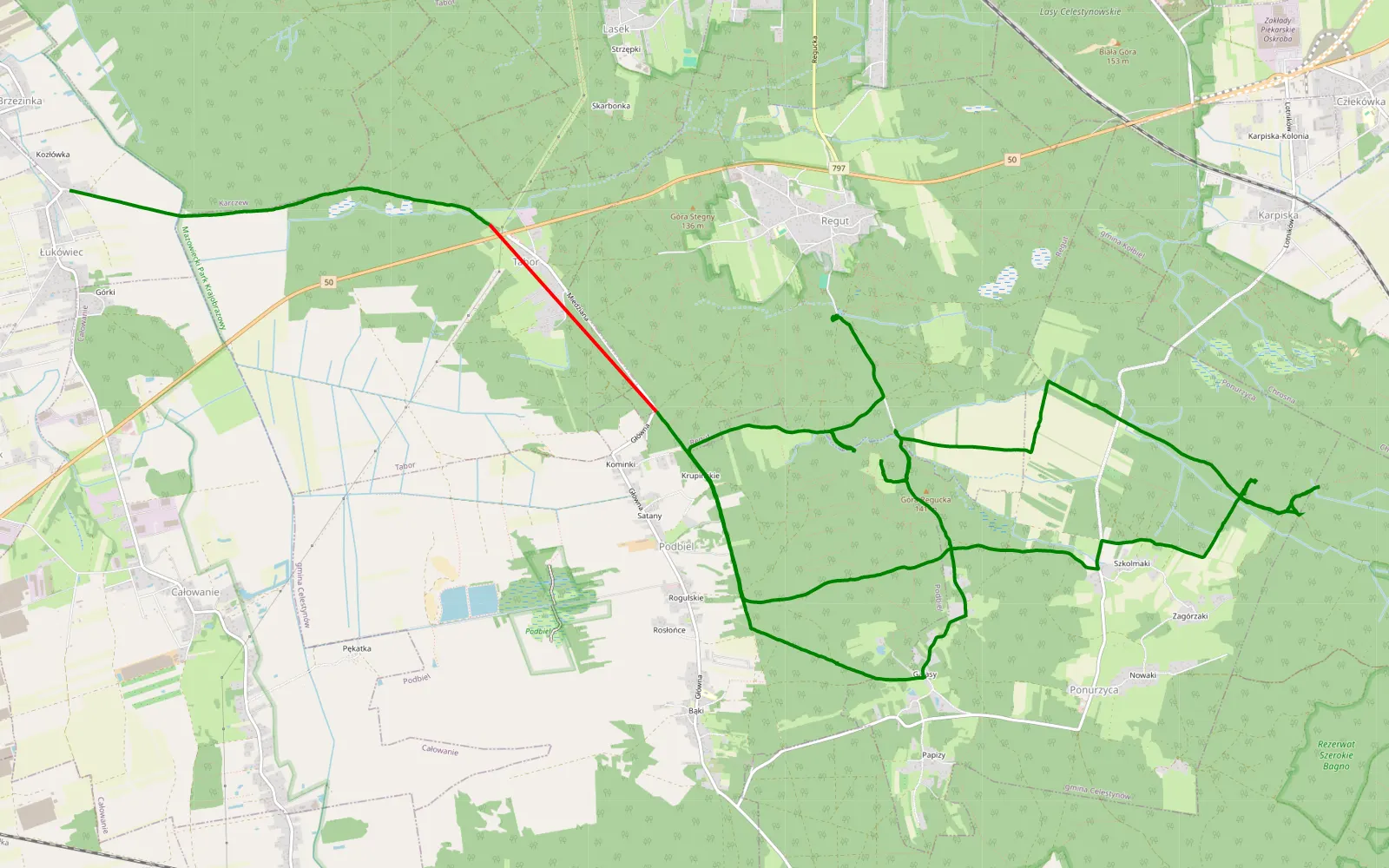 Mapa trasy Regut - Łukowiec - 25.7 km trasy offroad, Powiat Otwocki