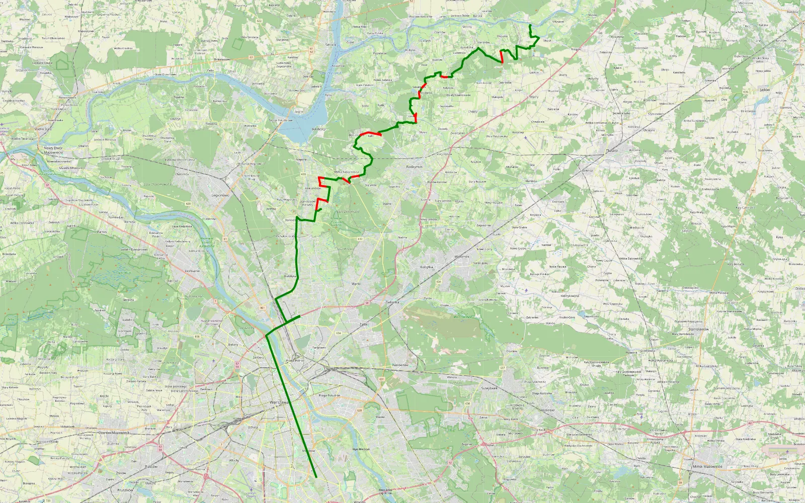 Mapa trasy Osiny - 45.3 km trasy offroad, Powiat Wołomiński