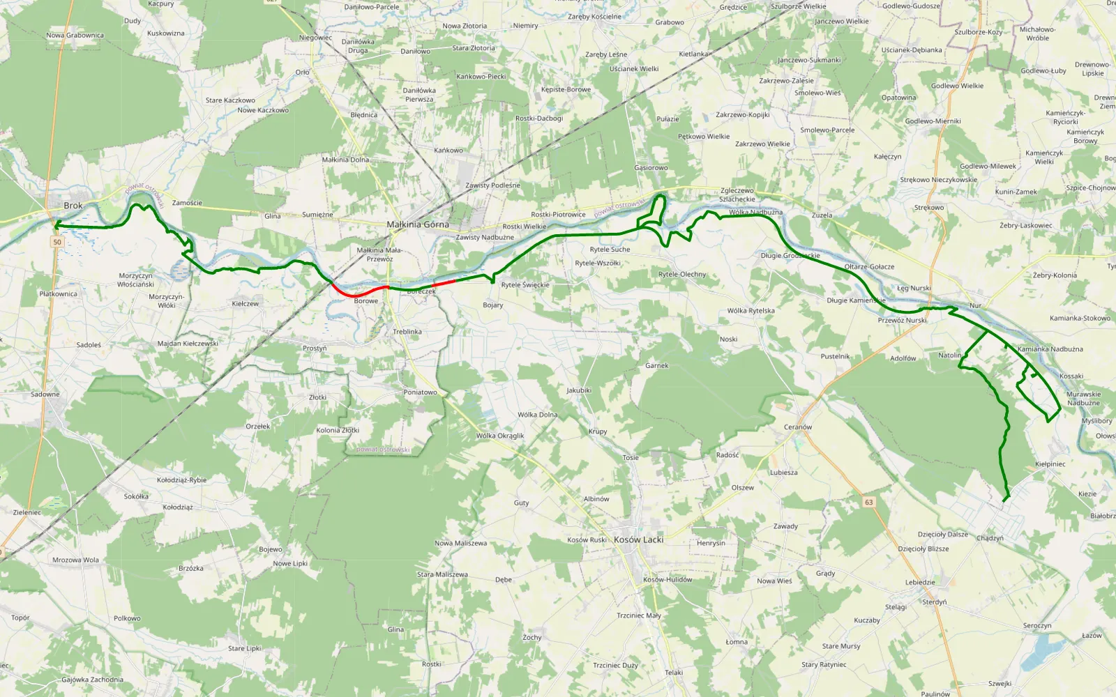 Mapa trasy Brok - Chądzyń - 56.1 km trasy offroad, Powiat Sokołowski