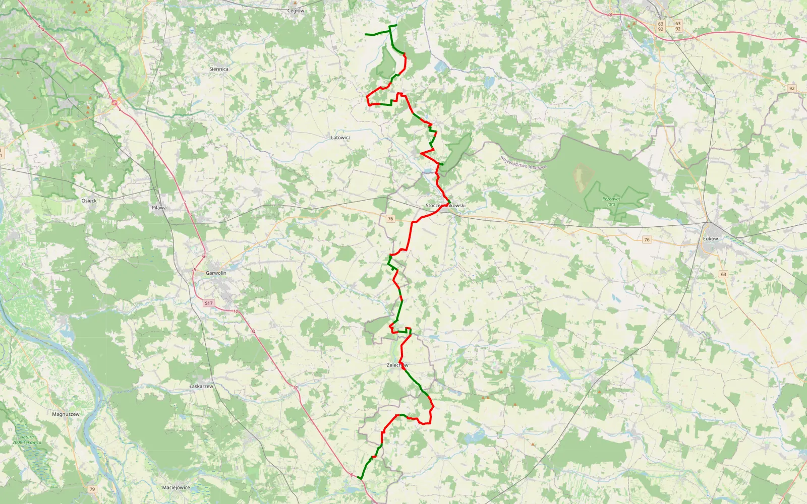 Map of Żabianka - Trojanów - 84.5 km offroad trail, Łuków County