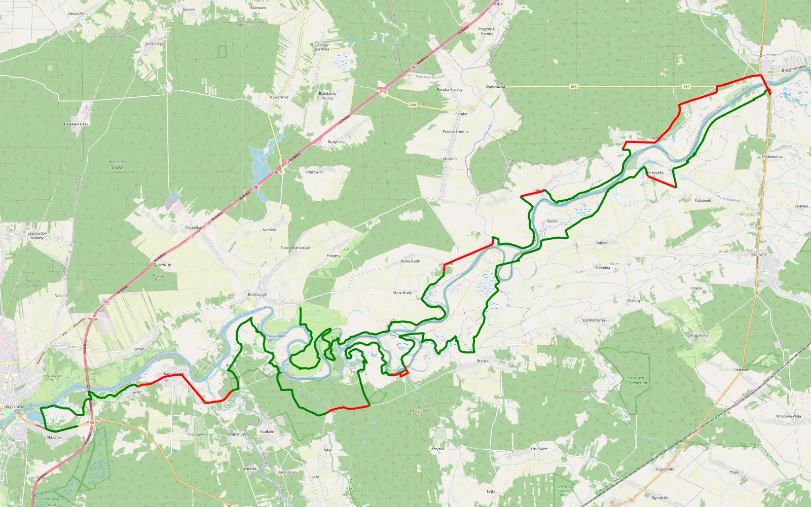 Mapa trasy Wyszków - Brańszczyk - 84.9 km trasy offroad, Powiat Wyszkowski