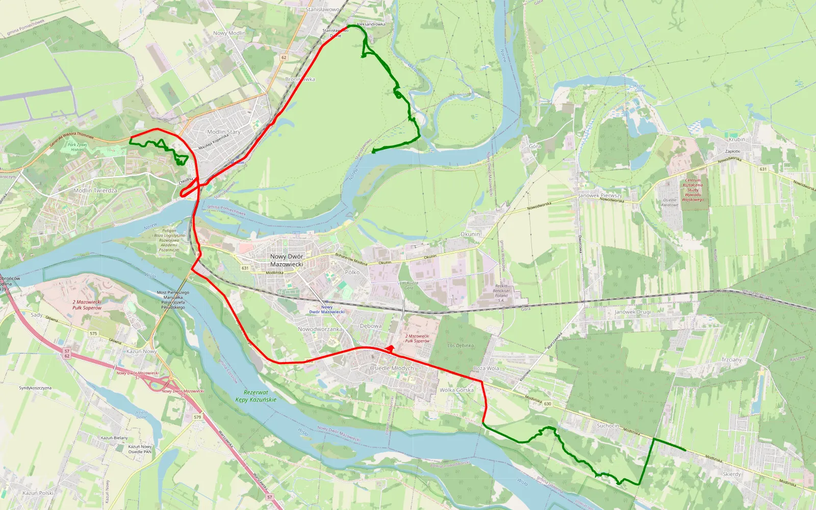 Mapa trasy Marek Piotrek Skierdy - Bronisławka - Modlin - 33.4 km trasy offroad, Powiat Nowodworski