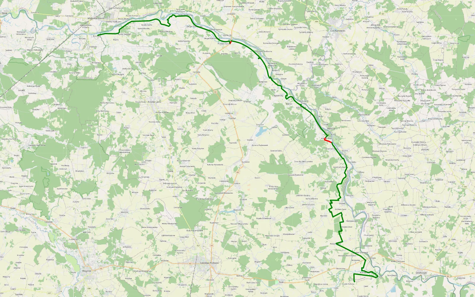 Mapa trasy Drohiczyn - Małkinia - 61.7 km trasy offroad, Powiat Sokołowski