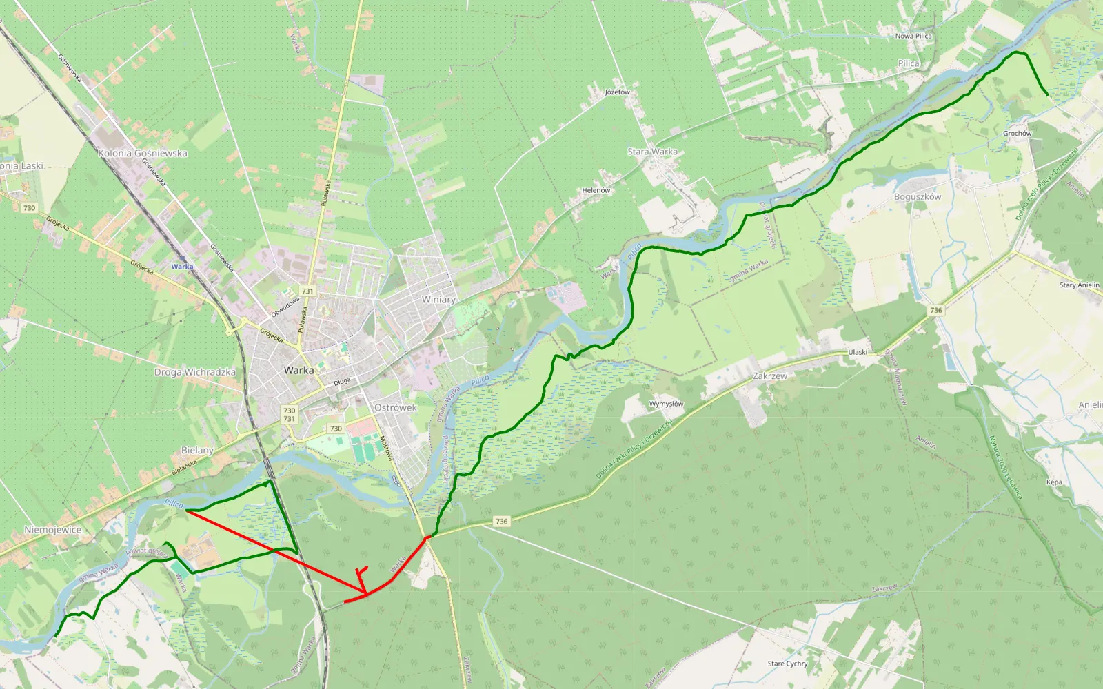 Map of Rozniszew - Niemojewice - brzegiem Pilicy - 13.2 km offroad trail, Grójec County