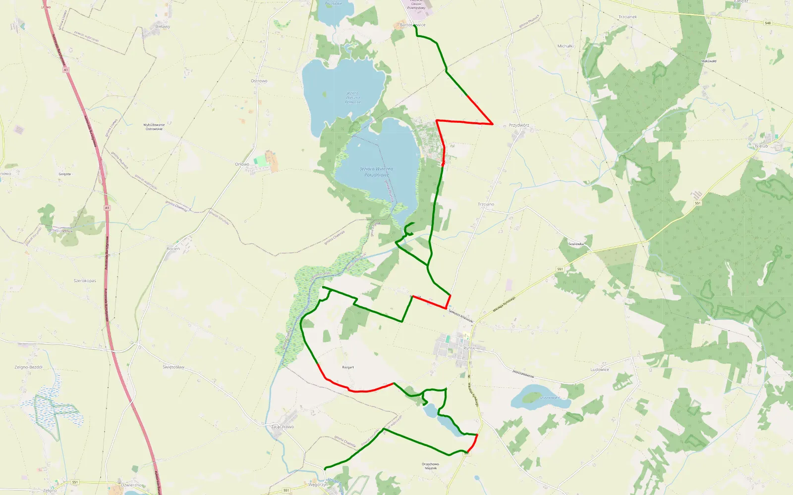 Mapa trasy Węgorzyn - Płużnica - 22.4 km trasy offroad, Powiat Wąbrzeski