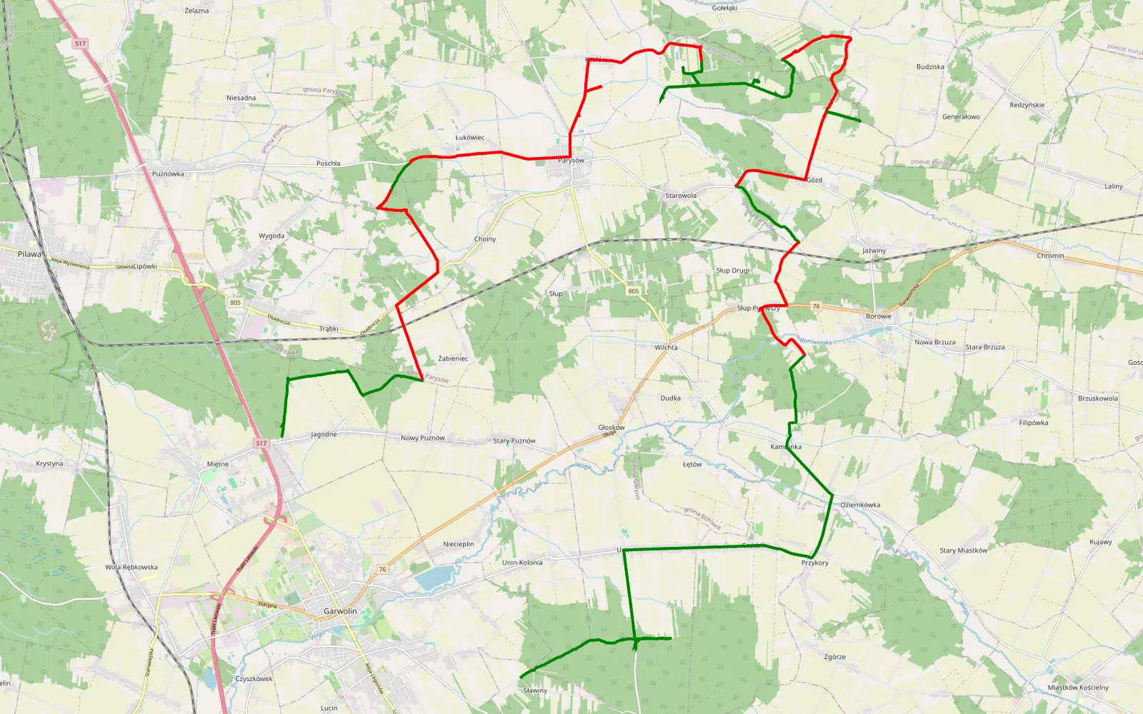 Mapa trasy Jagodne - Unin - 39.2 km trasy offroad, Powiat Garwoliński