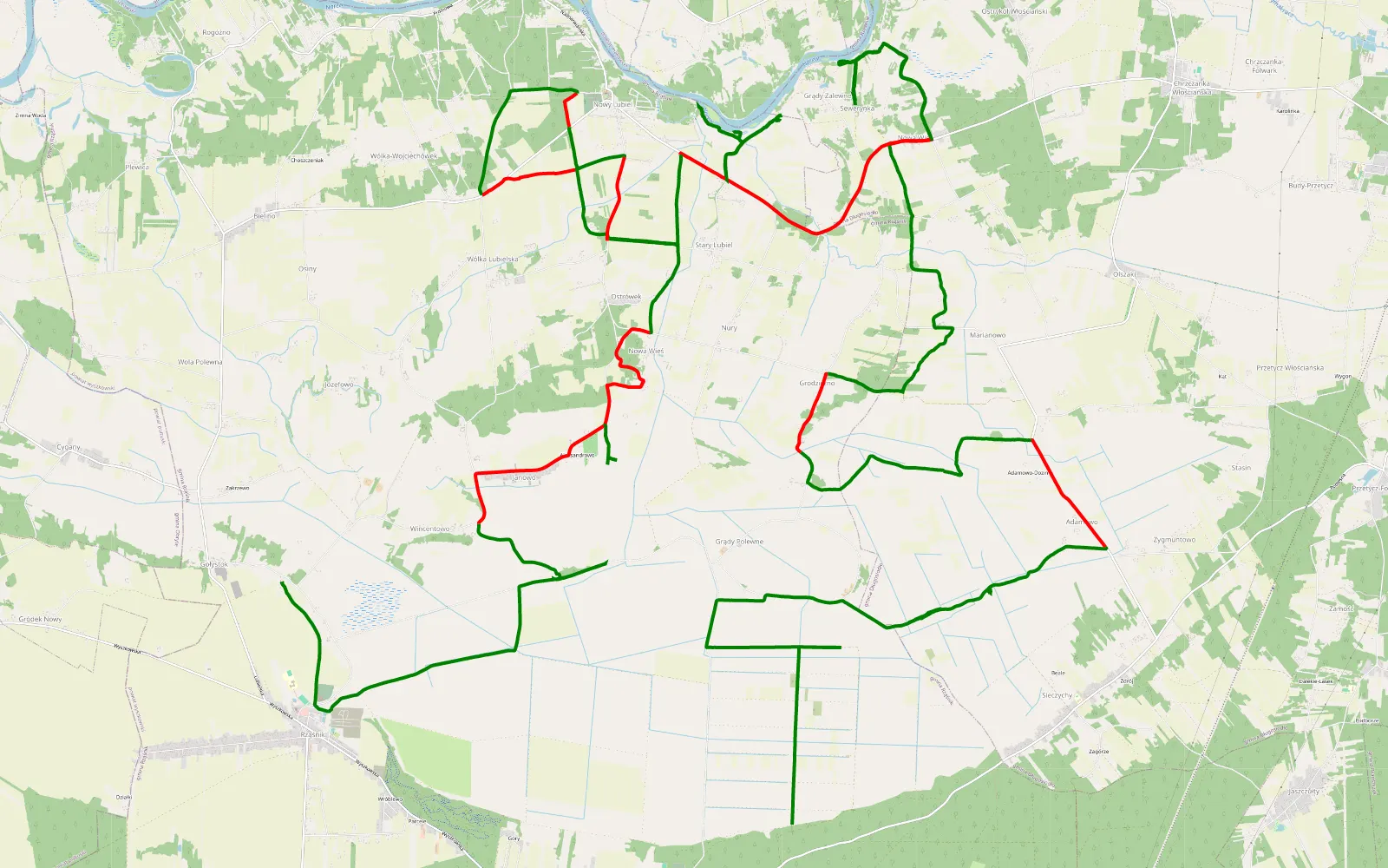 Mapa trasy Porządzie - Gołystok - 56.3 km trasy offroad, Powiat Wyszkowski