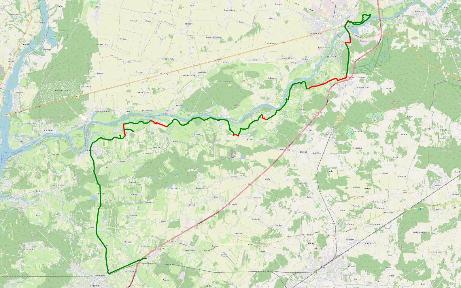 Mapa trasy Zwierzyniec - Wyszków - 38.8 km trasy offroad, Powiat Wyszkowski